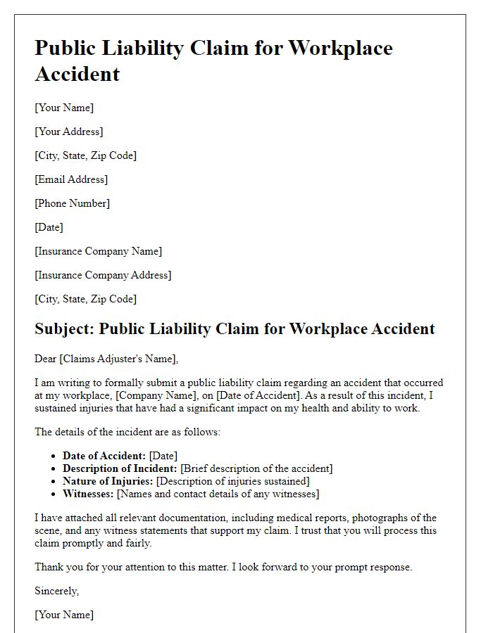 Letter template of public liability claim for workplace accidents.