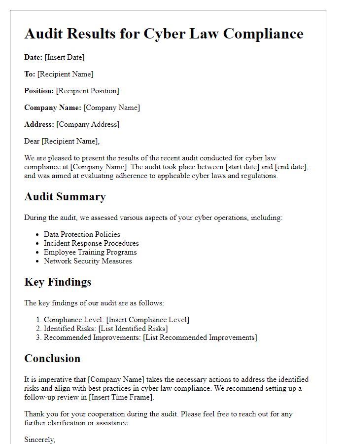 Letter template of audit results for cyber law compliance.