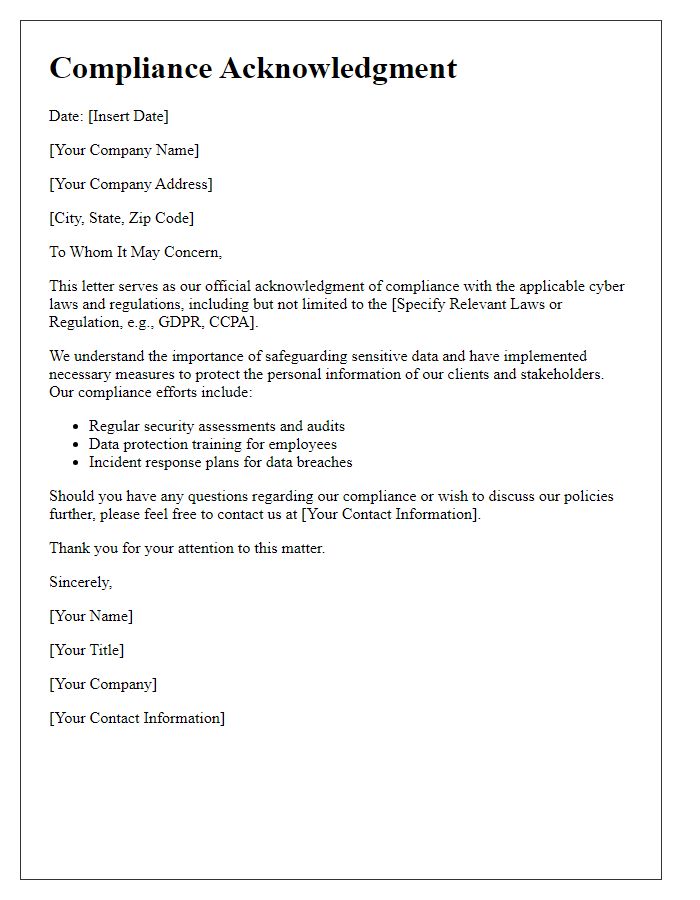 Letter template of compliance acknowledgment for cyber law.