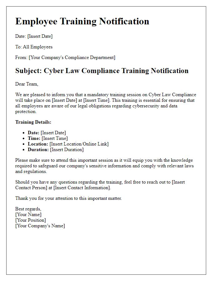 Letter template of employee training notification for cyber law compliance.