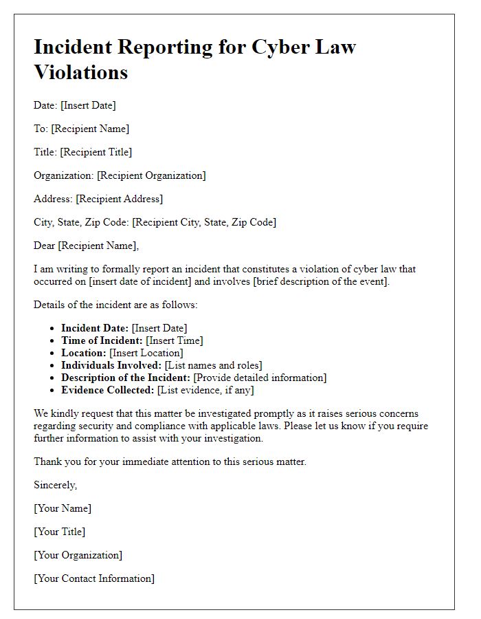 Letter template of incident reporting for cyber law violations.