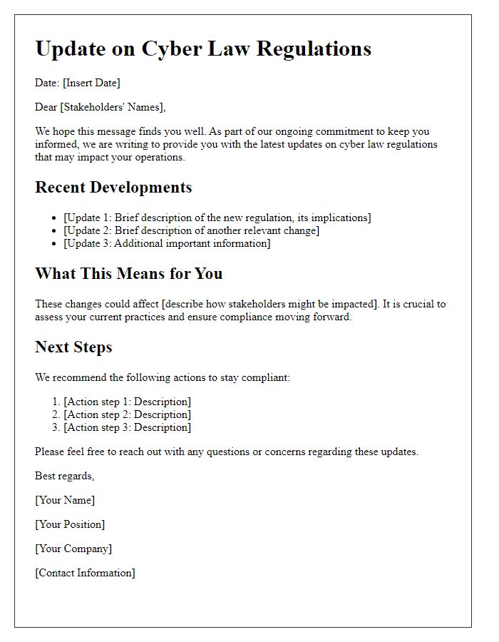 Letter template of updates on cyber law regulations for stakeholders.