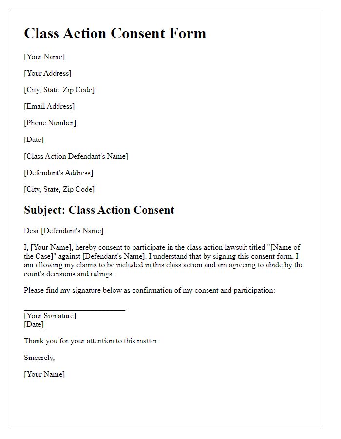 Letter template of Class Action Consent Form