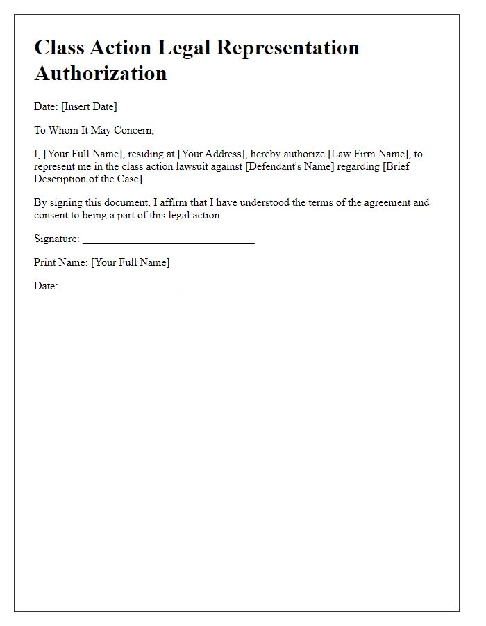 Letter template of Class Action Legal Representation Authorization