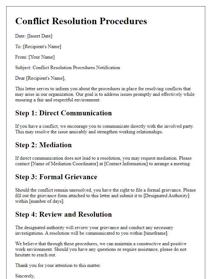 Letter template of conflict resolution procedures.