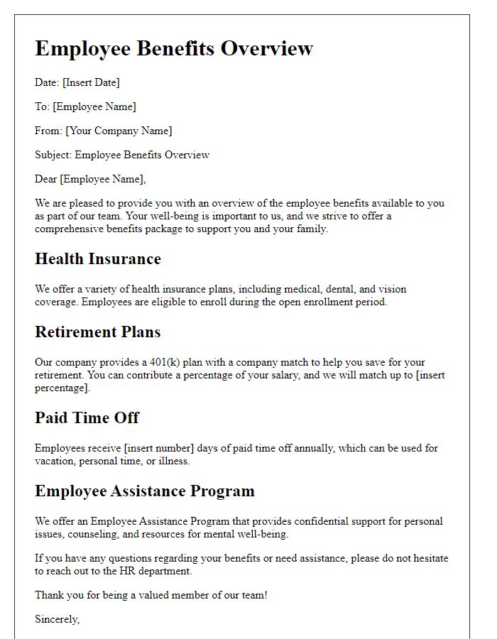 Letter template of employee benefits overview.