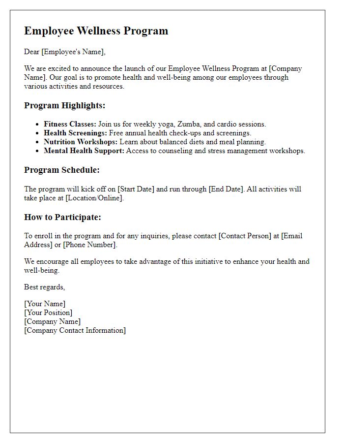 Letter template of employee wellness program details.