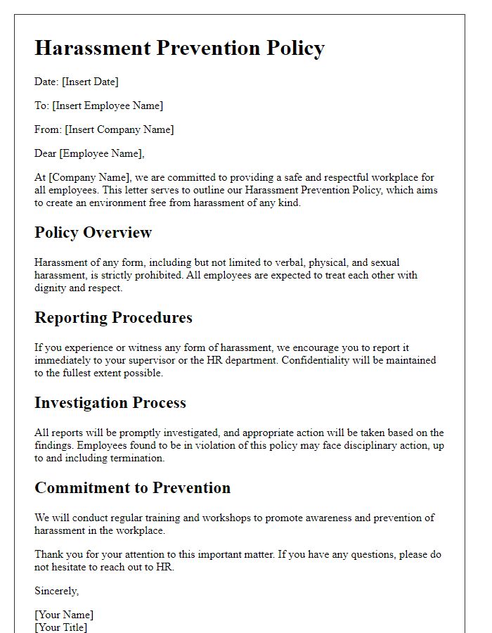 Letter template of harassment prevention policy.