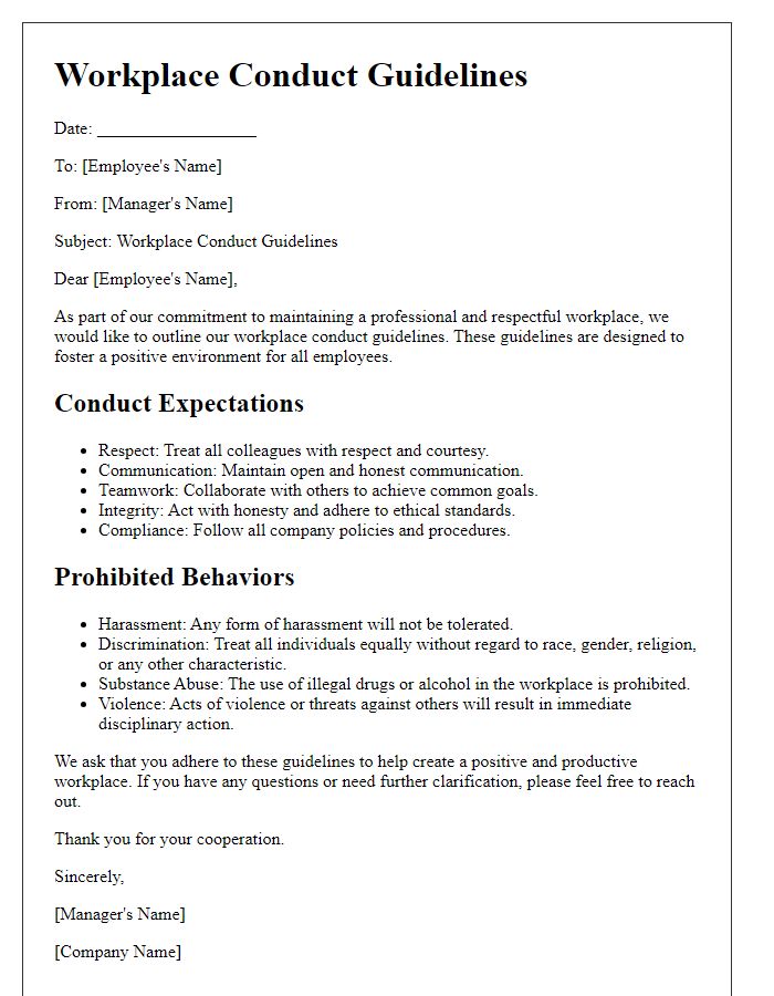 Letter template of workplace conduct guidelines.