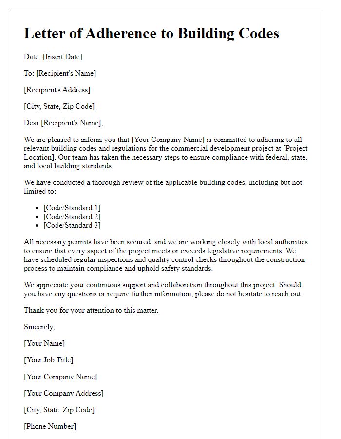 Letter template of adherence to building codes for commercial development.