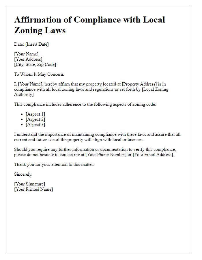 Letter template of affirmation of compliance with local zoning laws.