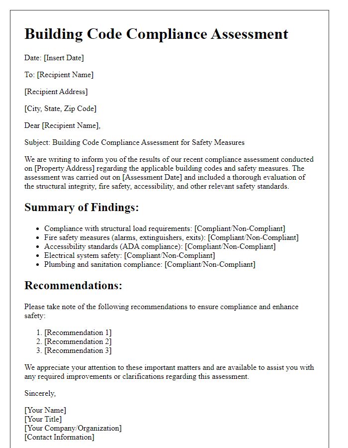 Letter template of building code compliance assessment for safety measures.