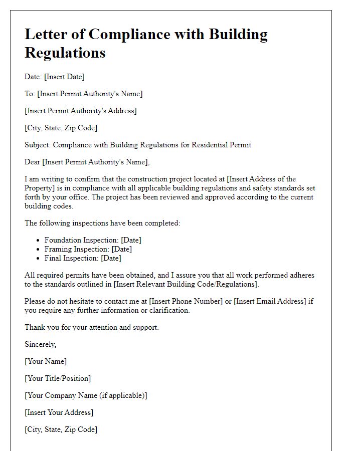 Letter template of compliance with building regulations for residential permits.