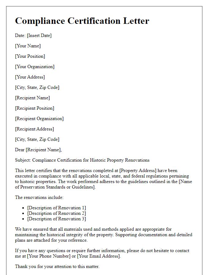 Letter template of compliance certification for historic property renovations.