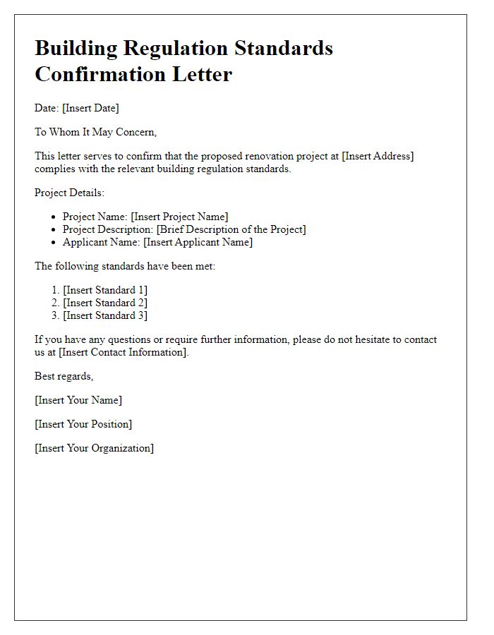 Letter template of confirmation of building regulation standards for renovation projects.