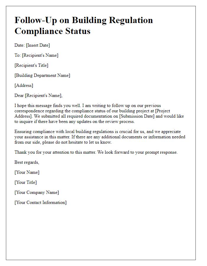 Letter template of follow-up on building regulation compliance status.