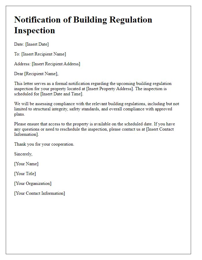 Letter template of notification for building regulation inspections.