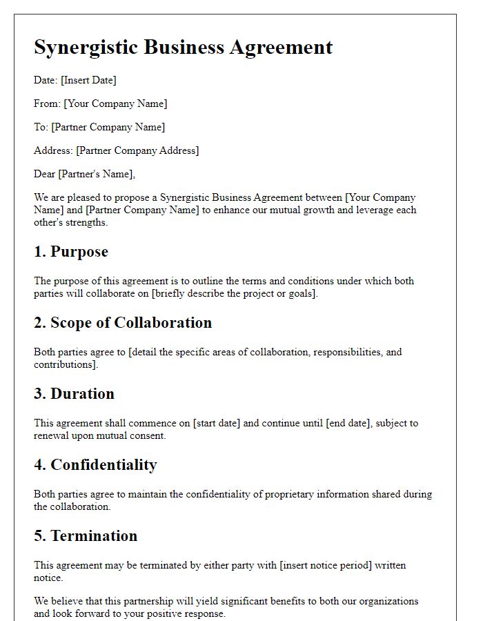 Letter template of Synergistic Business Agreement