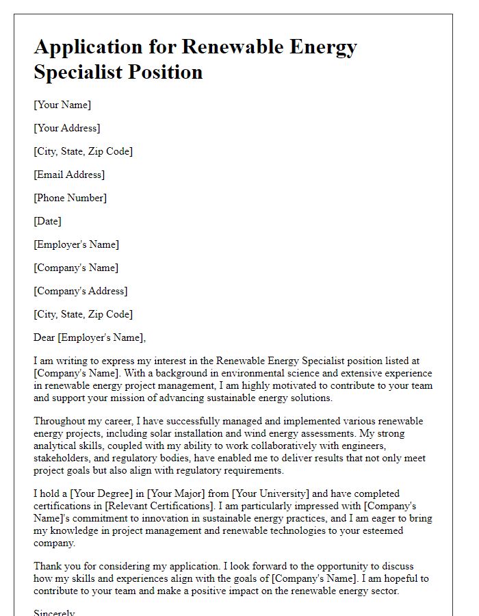 Letter template of application for a renewable energy specialist position.