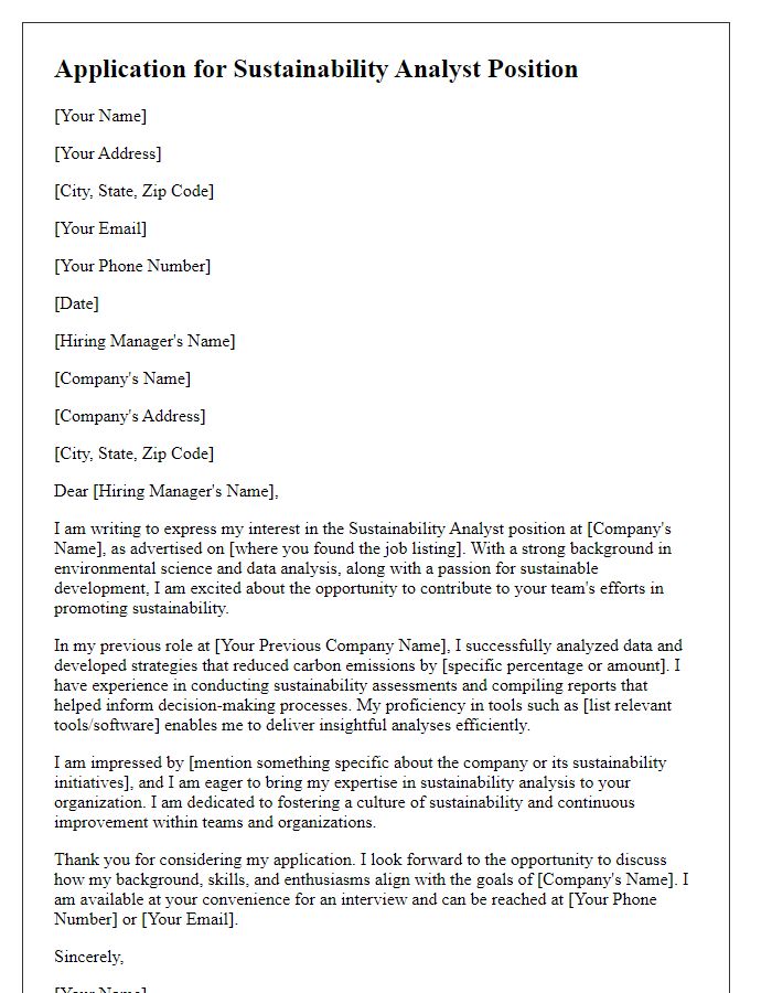 Letter template of application for a sustainability analyst opportunity.