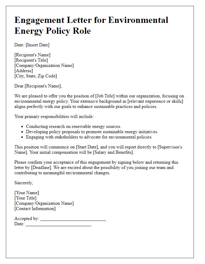 Letter template of engagement for an environmental energy policy role.