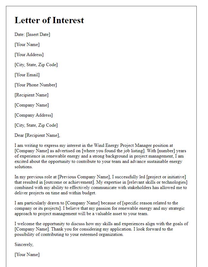 Letter template of interest for a wind energy project manager position.