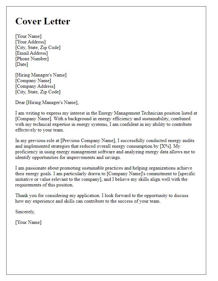 Letter template of letter for an energy management technician role.