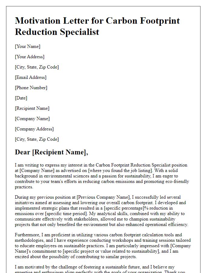 Letter template of motivation for a carbon footprint reduction specialist.