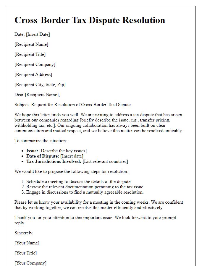 Letter template of cross-border tax dispute resolution for businesses