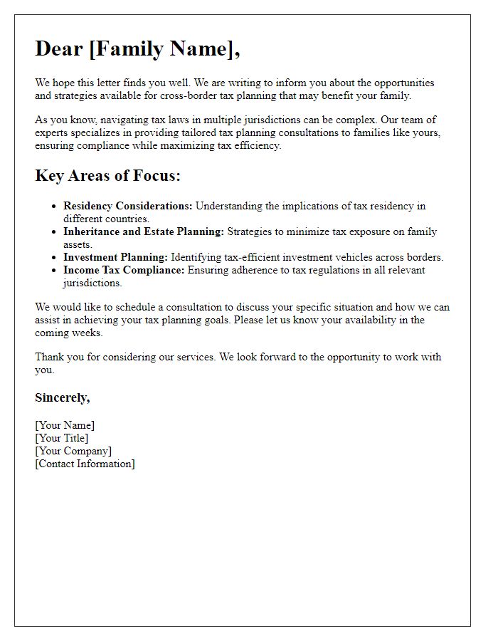 Letter template of cross-border tax planning consultation for families