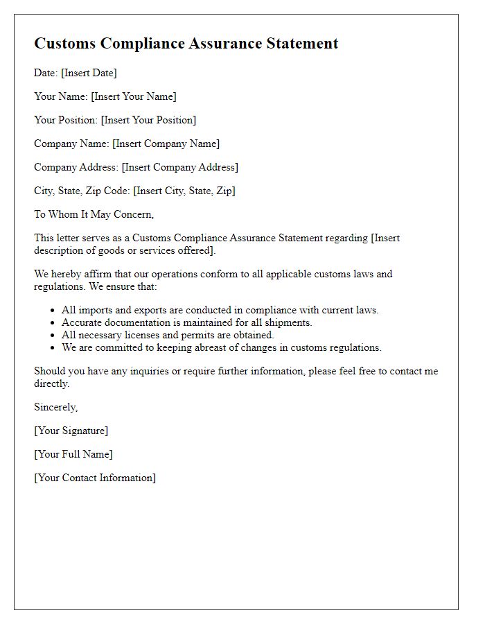 Letter template of customs compliance assurance statement