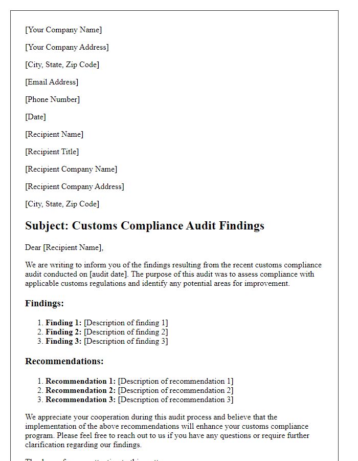 Letter template of customs compliance audit findings