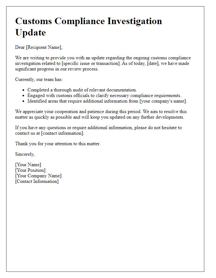 Letter template of customs compliance investigation update