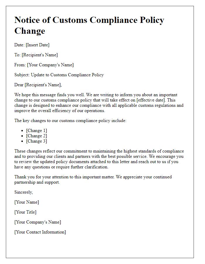 Letter template of customs compliance policy change