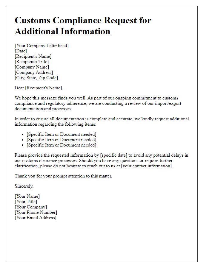 Letter template of customs compliance request for additional information