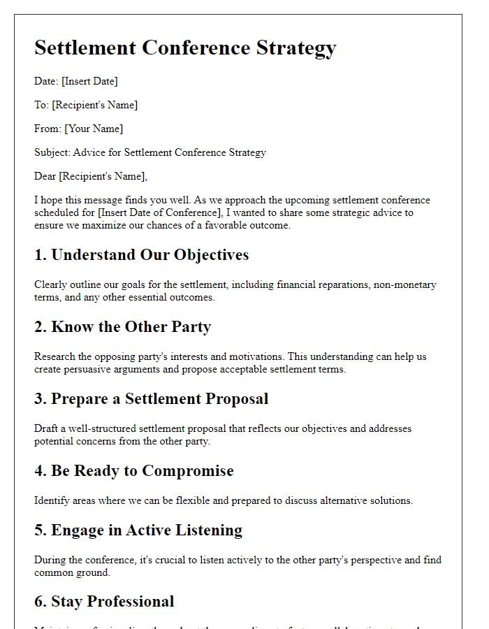 Letter template of advice for settlement conference strategy