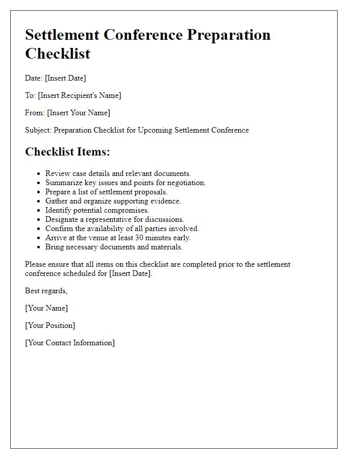 Letter template of checklist for settlement conference preparation