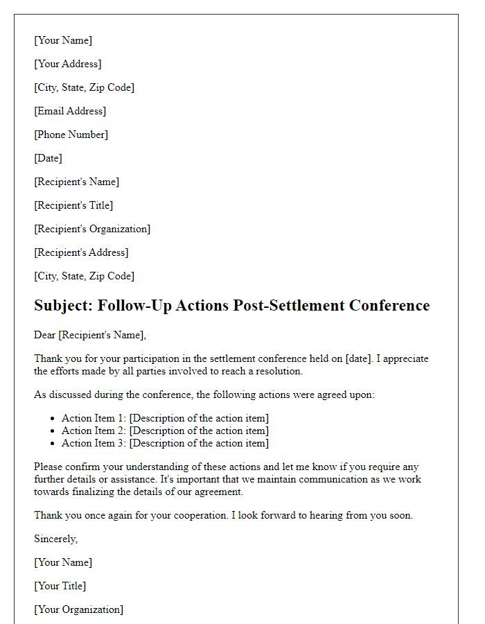 Letter template of follow-up actions post-settlement conference