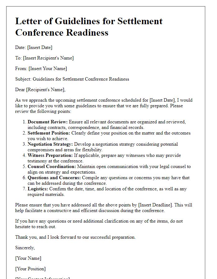 Letter template of guidelines for settlement conference readiness