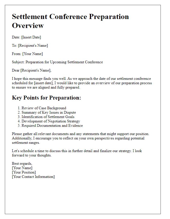 Letter template of preparation for settlement conference overview