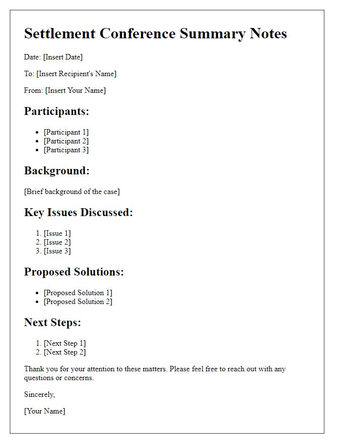 Letter template of summary notes from settlement conference preparations