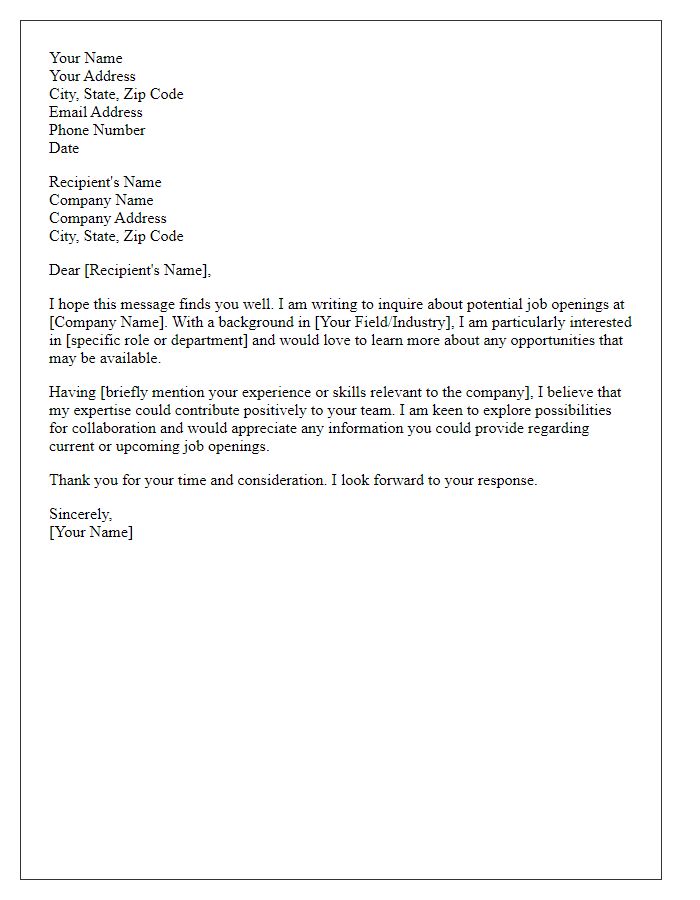 Letter template of formal business inquiry about job openings.