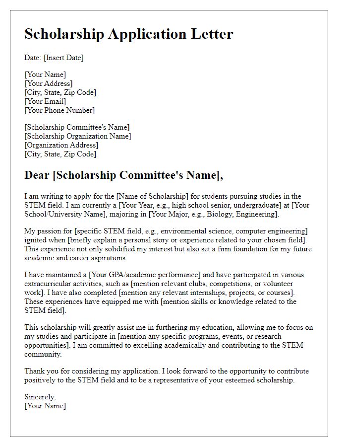 Letter template of scholarship application for STEM fields