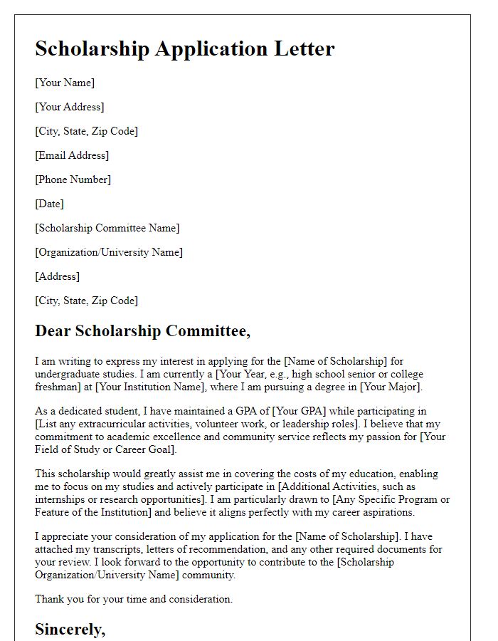 Letter template of scholarship application for undergraduate students