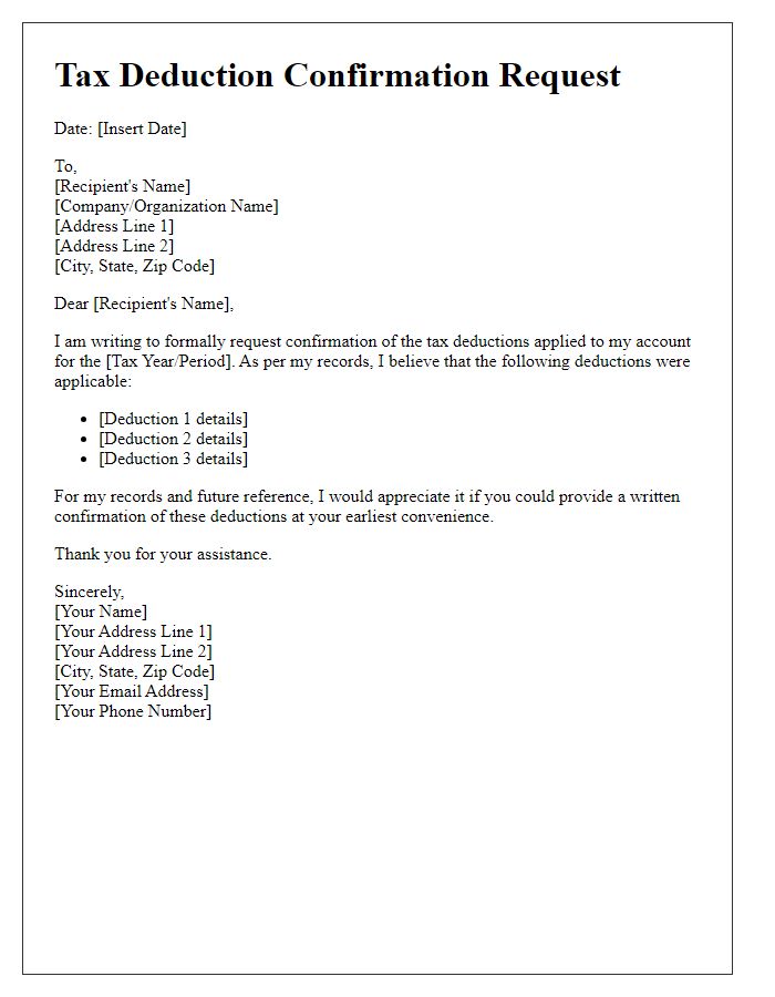 Letter template of tax deduction confirmation request