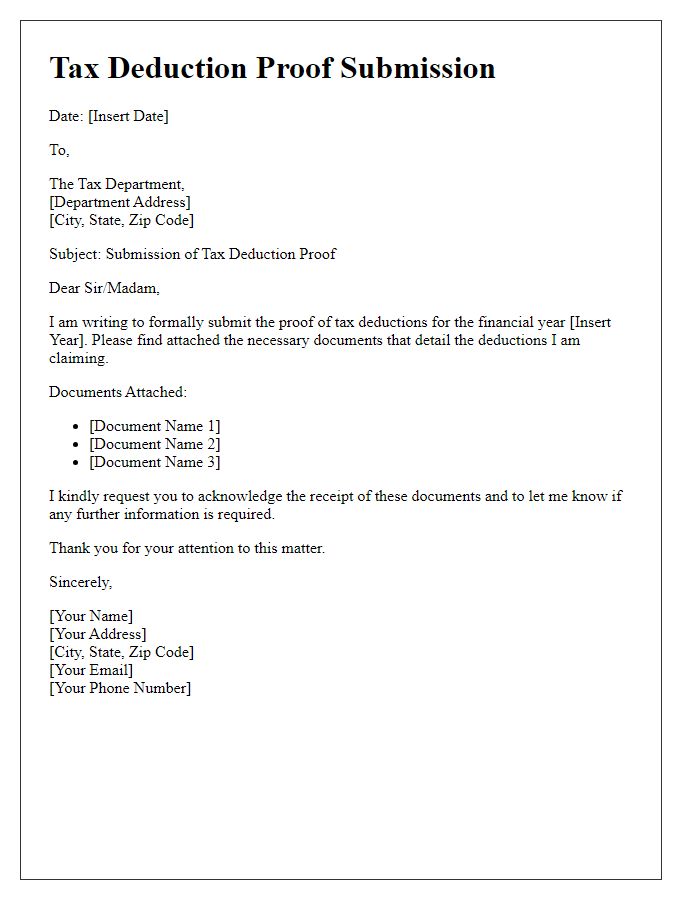 Letter template of tax deduction proof submission