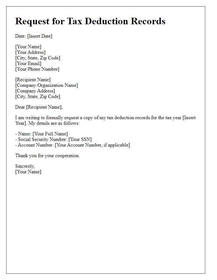 Letter template of tax deduction records request