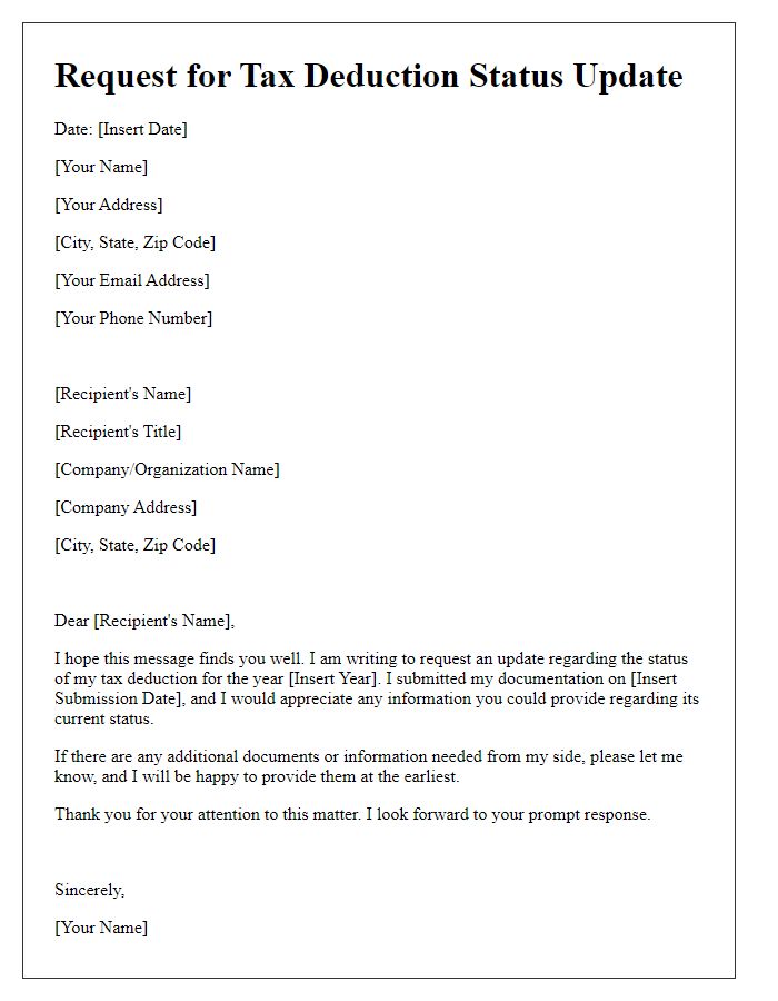 Letter template of tax deduction status update request