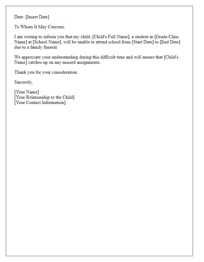 Letter template of school absence notification for a funeral.