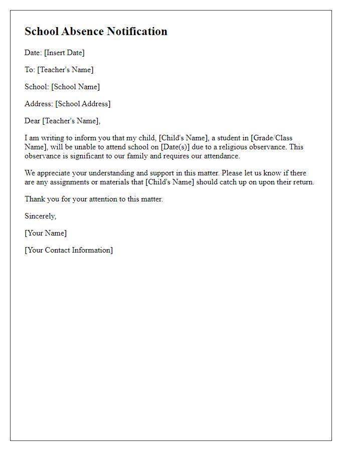 Letter template of school absence notification for a religious observance.